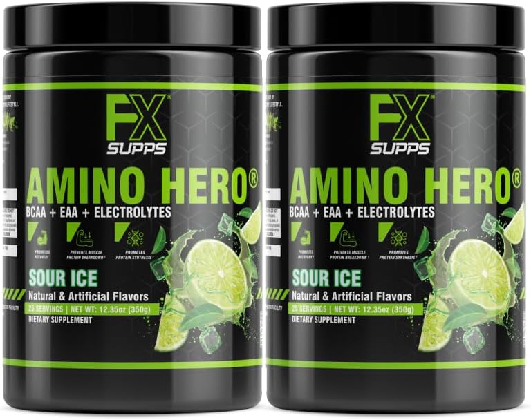 FXSUPPS Amino Hero Sour Ice Flavor (50 zerbitzatu) | Post-Workout Recovery Drink for Men and Women | Energy Powder Mix with BCAA, EAA eta Electrolytes | Promotes Endurance and Healthy Muscle - 2 Pack