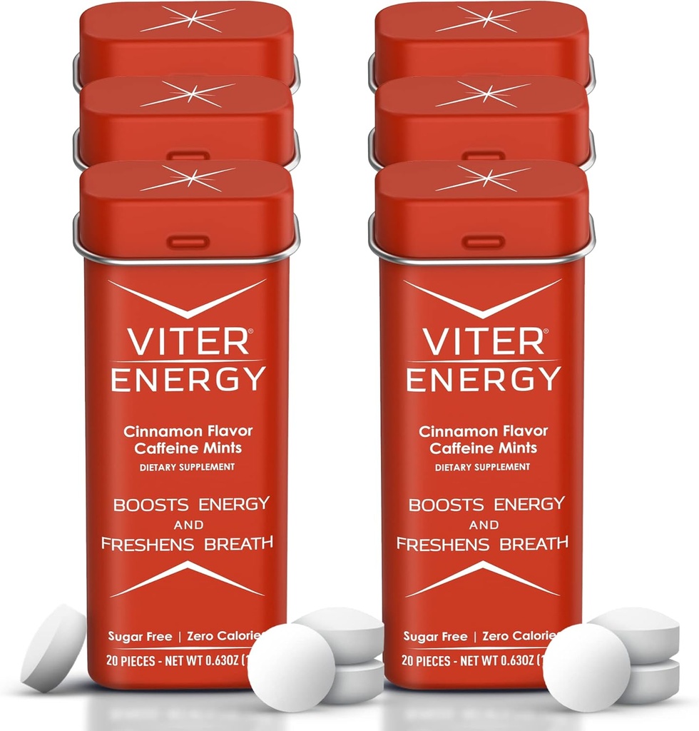 Viter Energy Kofeínové mäty (120 kusov) - 40 mg kofeínu, bez cukru, Vegan, B vitamíny komplex, Energetické doplnky Kofeín pilulky (Cinnamon, 6 balenie)