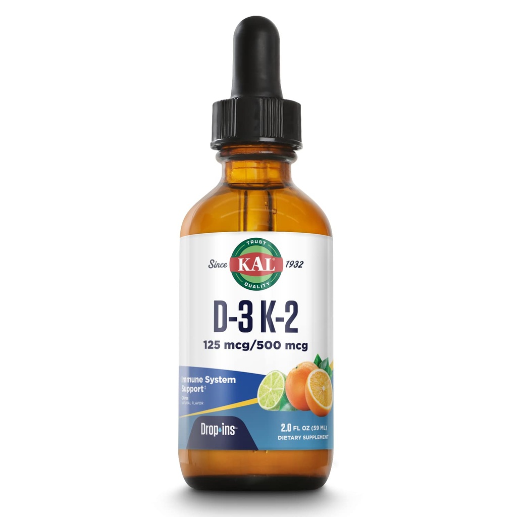 KAL D3 K2 DropIns 125 / 500 mcg Liquid Vitamin D3 K2 Drops, Bone Health, Heart Health and Immune Support Supplement, Natural Citrus Flavor, Approx. 59 Serv, 2 FL OZ
