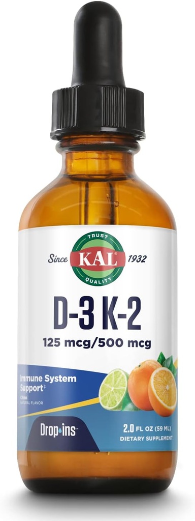 KAL D3 K2 DropIns 125 mcg/500 mcg 액체 비타민 D3 K2 하락, 뼈 건강, 심장 건강 및 면역 지원 보충교재, 자연적인 감귤류 풍미, 60 일 돈 뒤 보증, 대강 59 봉사, 2 FL OZ