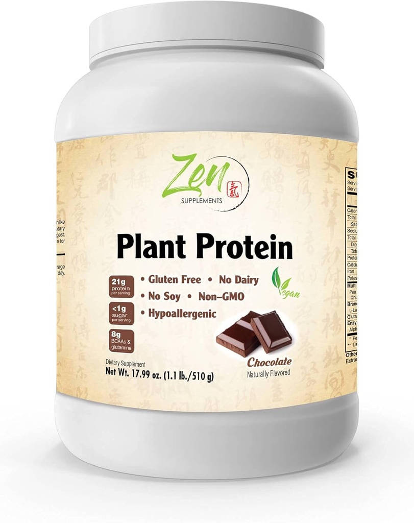Suplementos Zen - Plant Protein-Chocolate 510G 1.1LB -Powder - 23 Gramos de Proteína Por Servir -Vegan, Carbs bajos netos, no lácteos, sin gluten, sin lactosa, sin azúcar añadido, Soy libre, Kosher, No GMO