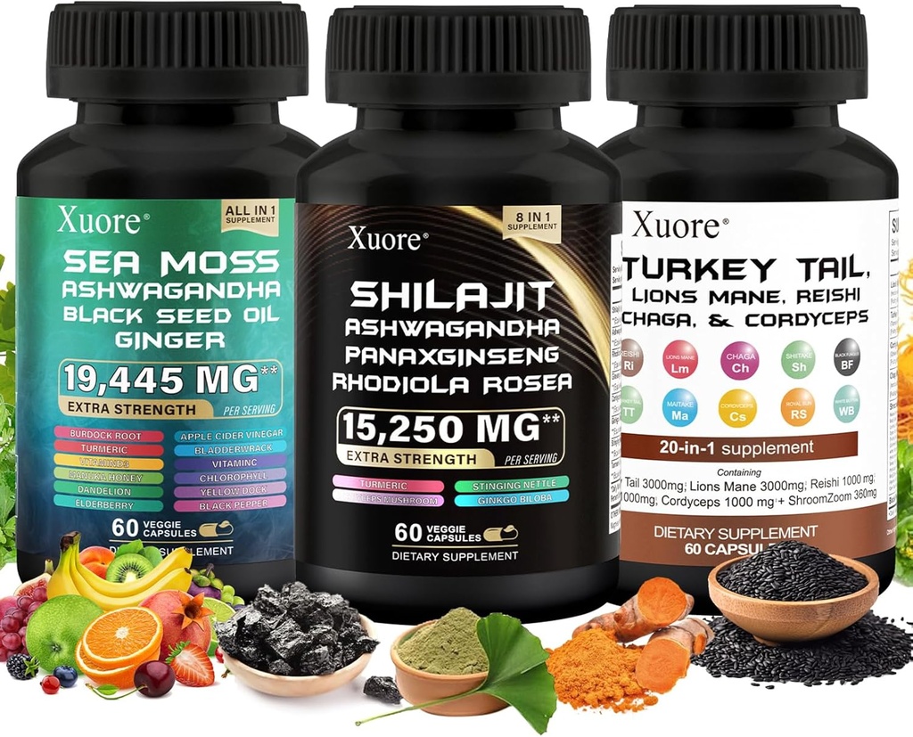 Shilajit, Moss moře, Black Seed Oil, Houba & Herb dodatek s Lions Mane, Turecko Ocas, Reishi, Cordyceps, Chaga, Ashwagandha, Ginger, Rhoddiola Rosea & Panax Ginseng, Vše v jednom dodatku.