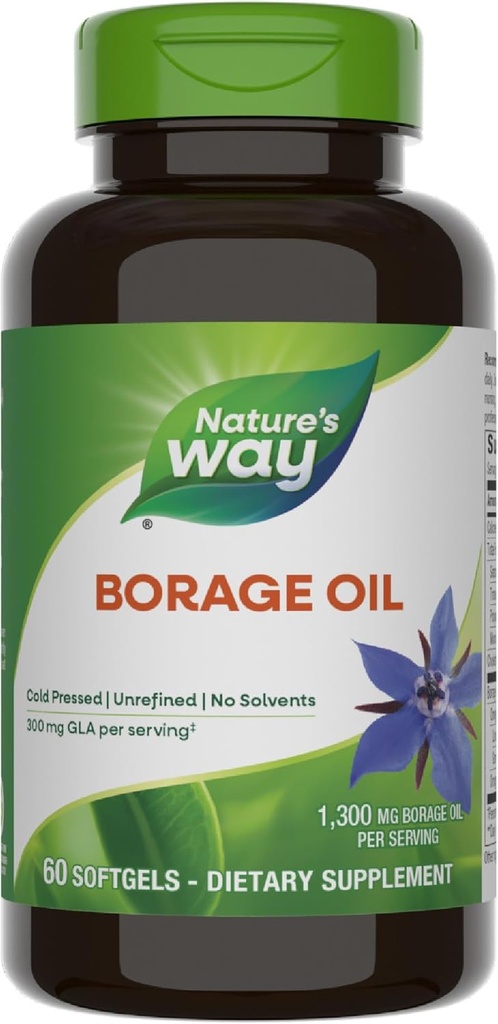 Nature's Way Borage Oil, Cold Pressed & Ungineated, GLA Supplement, 300 mg GLA en 440 mg Linolzuur per Serving, 60 Softgels (Packaging May Vary)