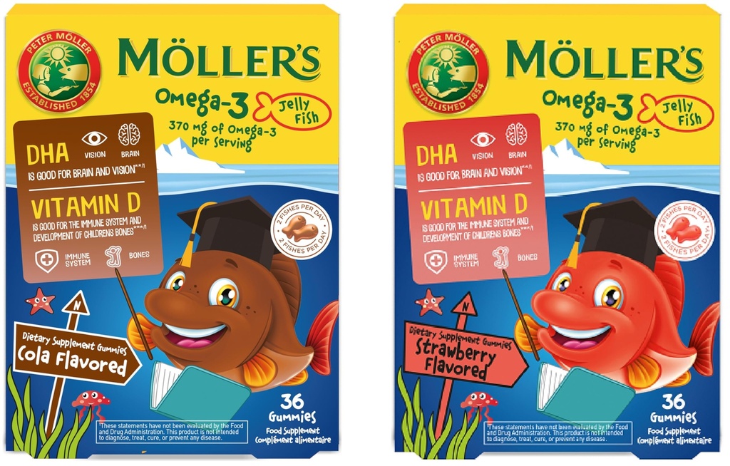 MÖLLER'S | Omega 3 Capsules for Children | Natural Omega 3 Fish with DHA and EPA | Easy to Chew, No Gluten, Lactose and Sugar | Pack of 72 | Cola & Strawberry Flavour