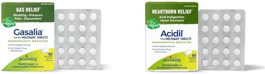 Boiron Gasalia Tablets eta Acidil Tablets for Gas, Bloating, Acid Reflux, Heartburn, Indigestion eta Upset Stomach Relief - 60 Count each