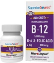 Superior Allikas No Shot Vitamiin B12 Metüülkobalamiin (5000 mcg), B6, foolhape, Kiire lahustuv sublingvaalsed tabletid, 60 Ct, energia suurendamine, terve süda, Boost Metabolism, Stressitoetus, Mitte-GMO