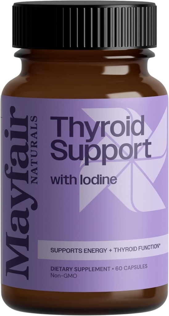 Support thyroïdien avec Iodine, Supplément naturel pour les femmes et les hommes, Soutienne l'énergie et la santé thyroïdienne, 60 Capsules