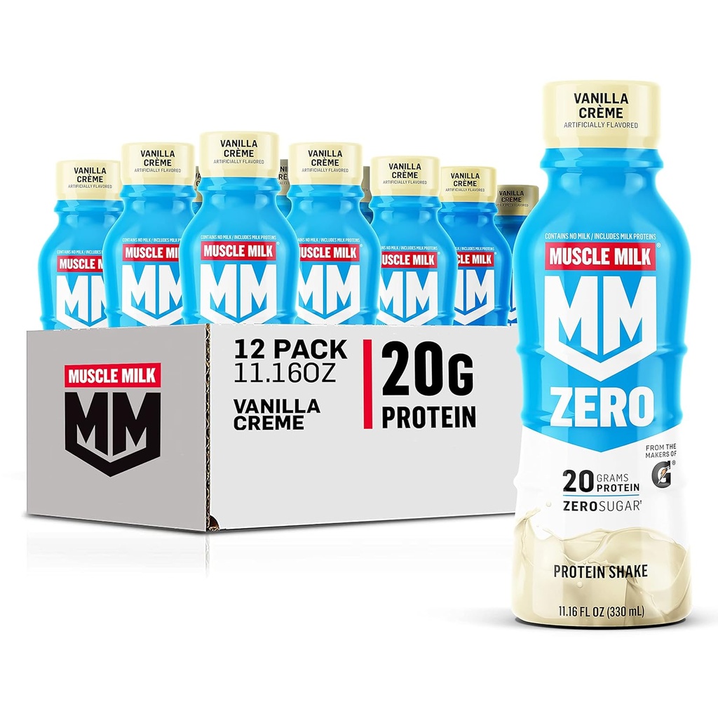 Muscle Milk Zero Protein Shake, Vanilla Crème, 20g Protein, Zero Sugar, 100 calorías, Calcium, Vitaminas A, C & D, 4g Fiber, Energizing Snack, Recuperación de Traballo, Embalaxe May Vary 11.16 Fl Oz (Pack of 12)