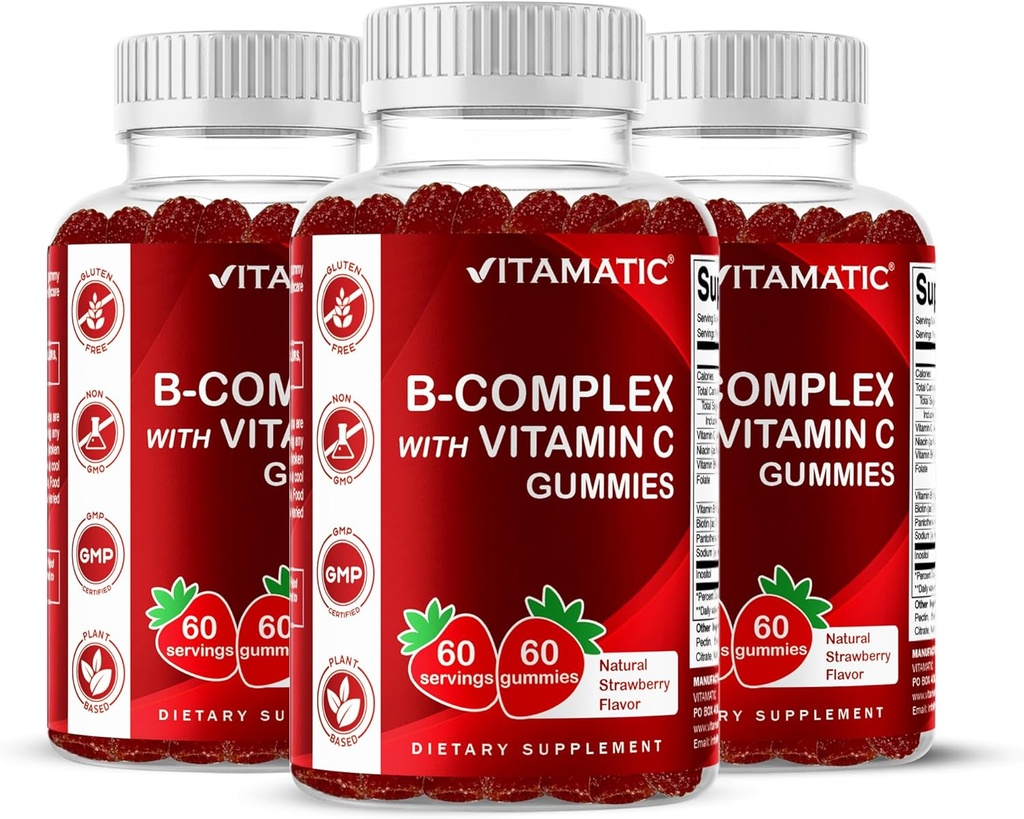 Vitamatic Vitamin B Complex Gummies med vitamin C & Inositol - naturlig jordgubbsmak - 60 Gummies (3 flaskor)