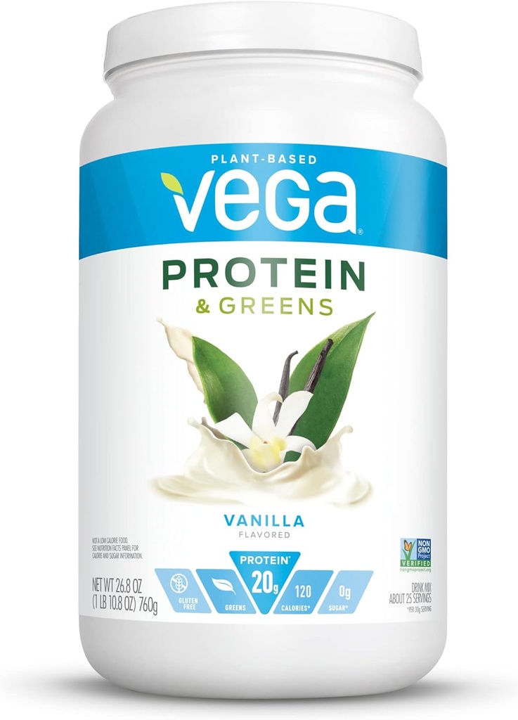 Vega Protein and Greens Vanilla (25 서빙, 26.8 Ounce) - Vegan Plant 기반 Protein Powder Shake, Gluten Free, Non Dairy, Non Soy, Non GMO