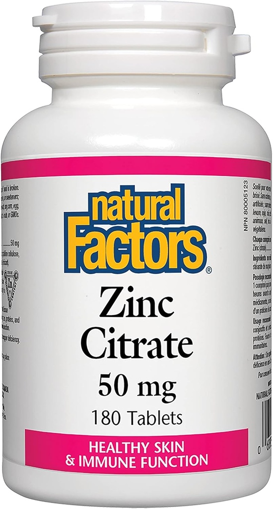 Natural Factors - Çinko Citrate 50mg, Sağlam Skin & Immune funksiyası üçün əməkdaşlıq, 180 Tablet