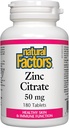 Facteurs naturels - Citrate de zinc 50mg, Soutien pour une peau saine et fonction immunitaire, 180 comprimés