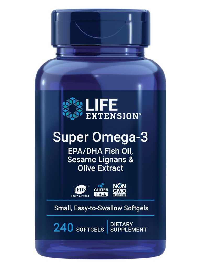 Life Extension Super Omega-3 EPA/DHA Fish Oil, Sesame Lignans & Olive Extract – Heart Health, Brain Health, Inflammation Health Support, Gluten-Free, Easy to Swallow, Non-GMO, 240 Softgels