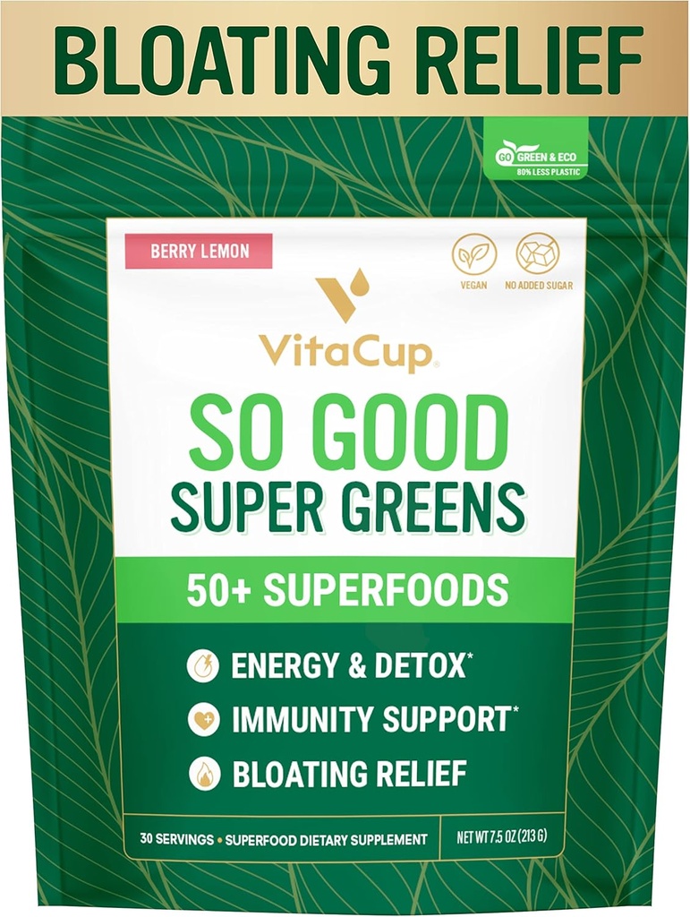 VitaCup So Good Super Greens Powder w/ 50+ Premium Superfoods, Boost Energy, Detox, Immuniteetti w/Probiootit, Prebiootit, Kuitu, Antioksidantit, Adaptogens, Spiruliini, Berry Lemon,30 Tarjoilut