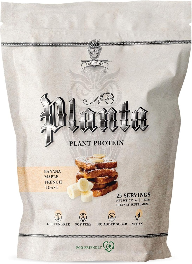 Ambrosia Planta - Premium Pflanzenbasiertes Protein | Vegan & Keto Friendly | Gourmet Flavors mit No Bloating or Stomach Upset | Gluten & Soy Free | Kein hinzugefügter Zucker | 25 Servietten | Banana Maple