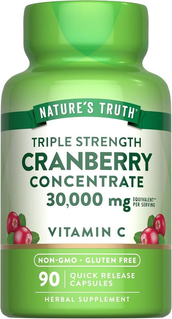 Nature's Truth Cranberry Concentrate Pills 30 000 mg | Plus C-vitamiin | Kolmekordne tugevuse tugikapslid | Mitte-GMO & Gluteenivaba toidulisand