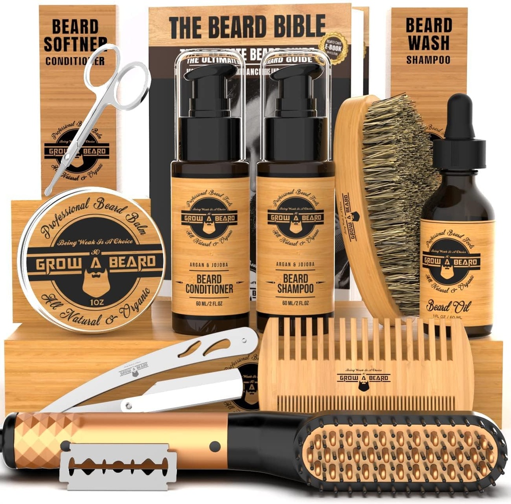 Skägg Straightener Grooming Kit för män, skäggtillväxtkit, tvätt, Borste & Comb, Unscented Growth Oil, All Natural Chanel Balm, Conditioner, Razor & Scissors, Great Gift Idea for Mens (Bambu)