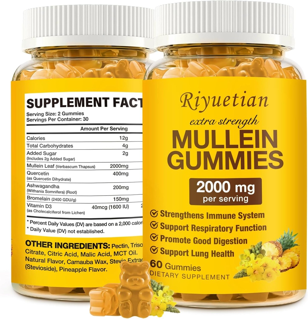 Mullein Gummies, 2000mg Orgaaniline Mullein Leaf ekstrakt selge kopsud, Boost Respiratory & Seedetrakti, Immune Booster täiskasvanutele ja lastele, Allergia Sõbralik, Mitte-GMO, 60 Gummies