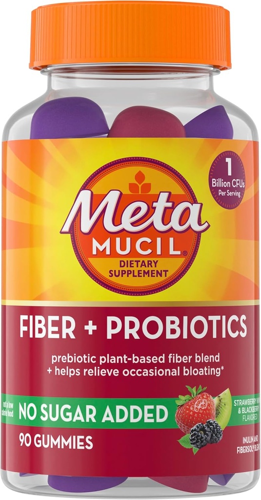 Metamucil Fiber Gummies för vuxna med probiotika för Bloating Relief, No Sugar Added Strawberry Kiwi BlackBerry Flavors, 5g Prebiotic Plant Based Fiber Supplement Blend, 90 Count