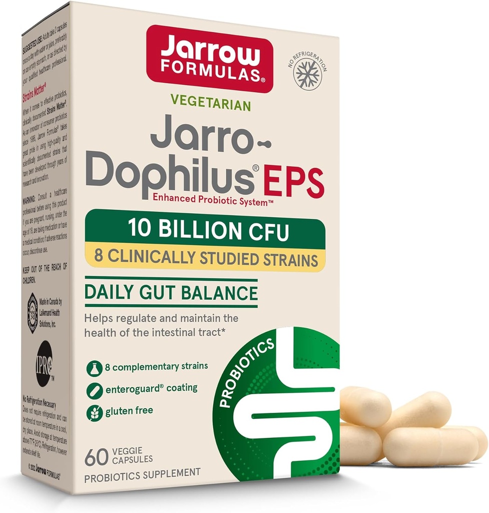 Jarrow Fórmulas Jarro-Dophilus EPS Probióticos 10 bilhões de UFC, Suplemento dietético para suporte de tratos intestinais, Gut Suplementos de saúde para mulheres e homens, 60 cápsulas vegetativas, suprimentos de 30 dias