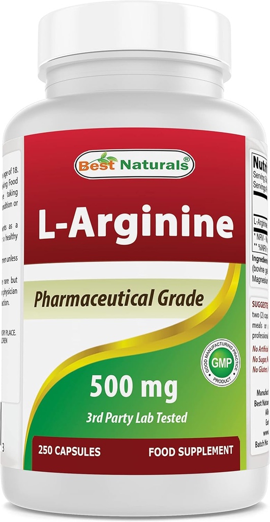 Best Naturals L-arginiini 500 mg 250 kapselit - Pharmaceutical Grade L Arginine täydentää edistää typpioksidisynteesiä
