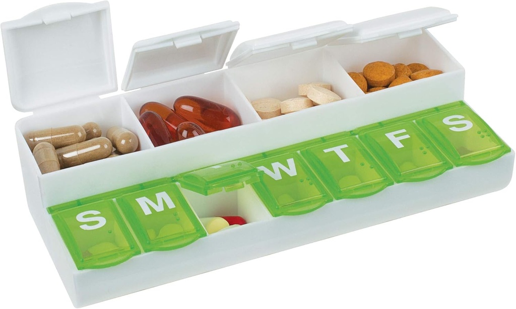 EZY DOSE Týždenne (7-Deň)Pill prípad, Medicína Planner, vitamín Organizátor Box, Ľahko organizovať pilulky a vitamíny, Vlastné Lids pre značenie, Farba mája Vary, BPA zadarmo