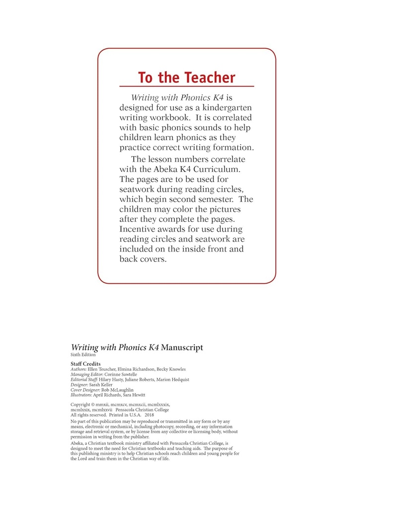 Phonics K4の原稿を書く - Abeka K4 4年旧幼稚園の原稿のPhonicsのペンマンシップの学生の仕事の本