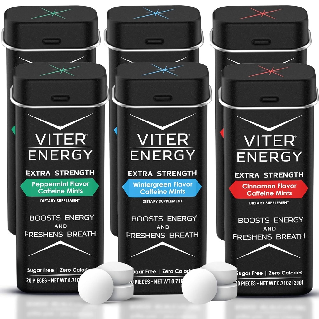 Viter Energy Extra Erő Koffeintartalmú menta 80 mg koffein, B Vitaminok, Sugar Free. (Variety, 20db, 6 csomag)