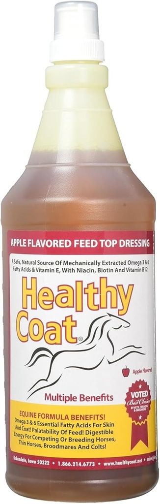 Tervislik Coat Horse Supplement 32 oz - All-Natural Omega 3 & 6 Sööda Top-Dress Shiny Coat, Tervislik nahk, Hooves & liigesed - rikastatud Biotin, B12, letsitiin & Vitamiin E - Apple Maitse