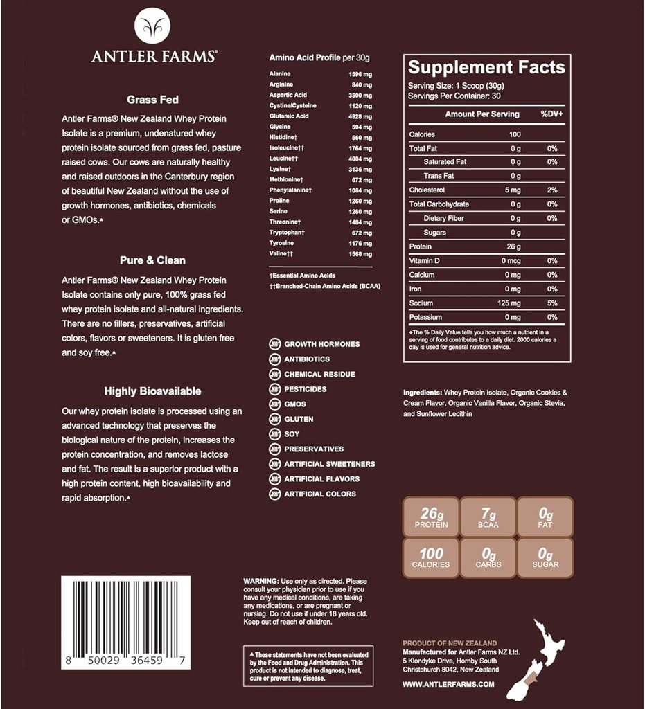 Antler Farms - 100% Rumput Fed Selandia Baru Whey Protein Isolasi, Cookies & Cream Flavor, 2 lbs - Bersih, 5 Ingredisasi Dingin