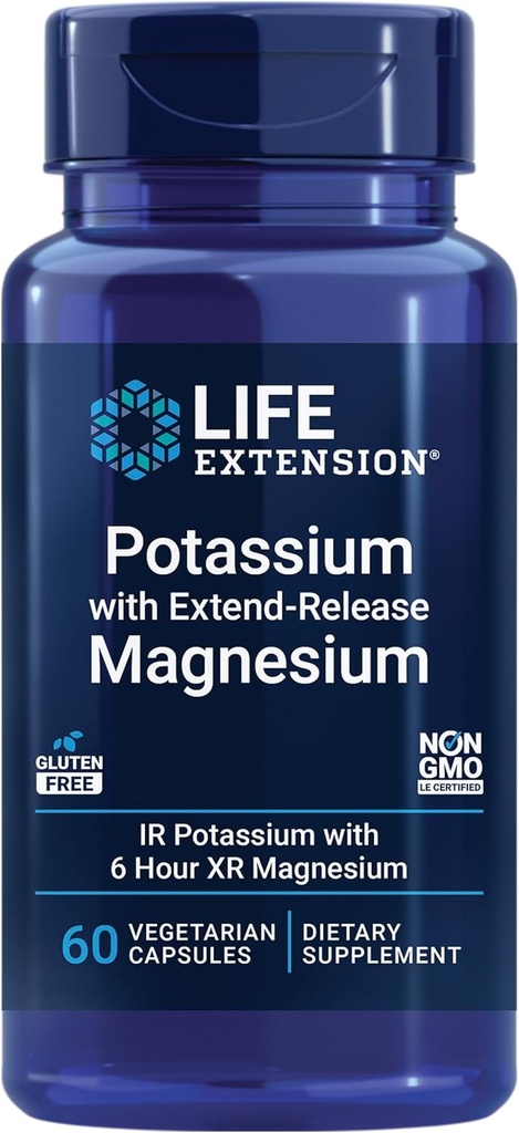 Extensión de vida Potasio con magnesio Extend-Release - Suplemento de saúde cardíaca para o apoio á presión arterial con dous minerais esenciais - Non-GMO, vexetariano, sen glute - 60 cápsulas