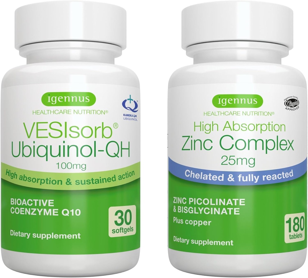 VESIsorb Ubiquinol-QH + Zinc Complex Bundle for Fertility, Fast-Acting Advanced CoQ10 100mg + 25mg Chelated Zinc, by Igennus