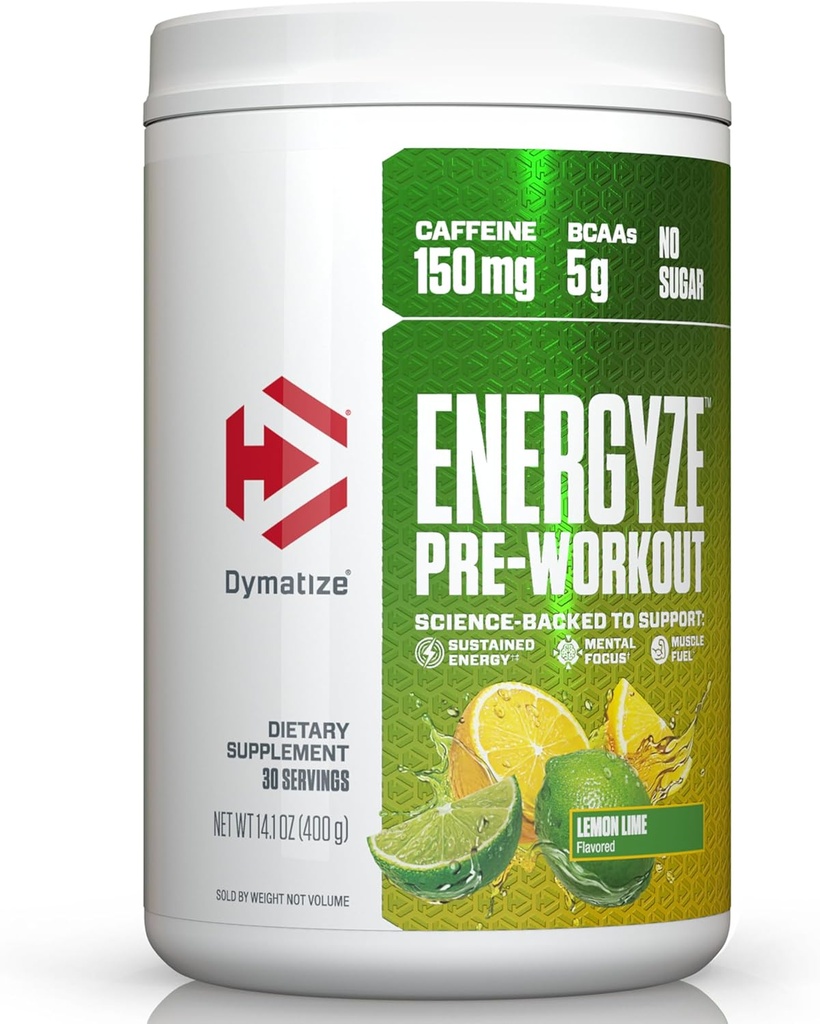 Dymatize Energyze pré-treino em pó para homens e mulheres, limão sabor limão, 150mg de cafeína, 5g BCAAs, mistura de desempenho de L-teanina, L-Tirosina, L-citrulina, Sem açúcar, 30 Servings
