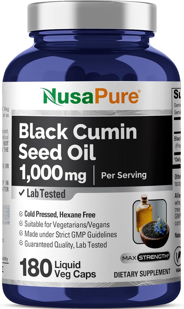NusaPure Black Seed Oil 1.000 mg por Servindo 180 Cápsulas Softgel (Não-GMO, Vegetariano) Virgem Nigella Sativa Pressed a Frio. Hexane Livre