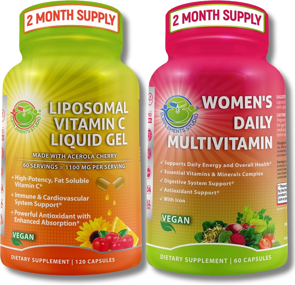 Immune Support Bundle - Liposomal Vitamin C 1100mg Liquid Gel Capsules with Organic Acerola Cherry & Vegan Women's Daily Multivitamin with Iron - Non-GMO, Clean Daily Wellness Support
