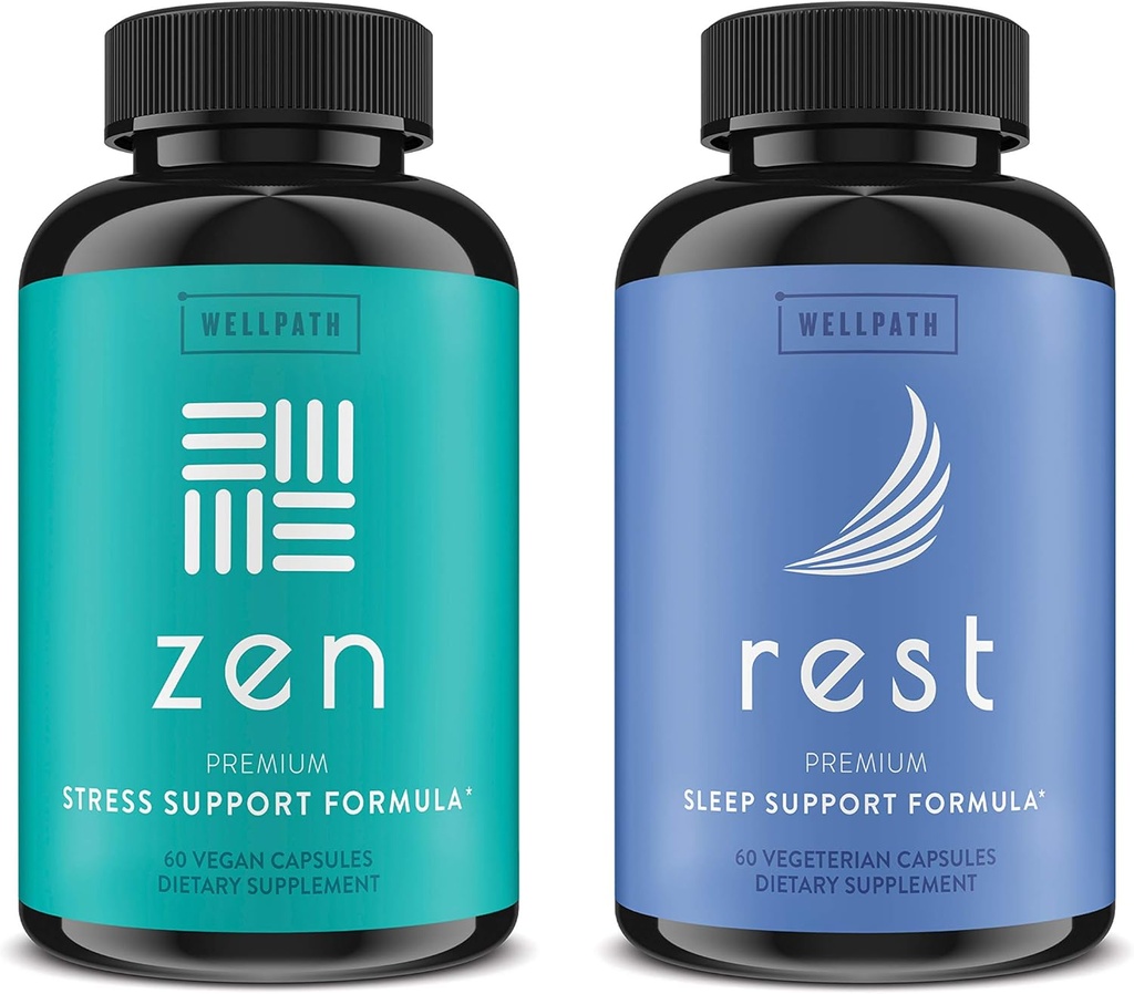 WellPath Zen Mood Support + Rest Valerian Root Sleep Aid Supplements 2 Pack - Calm Mood, Energy & Natural Sleep Support를위한 궁극적 인 조합 - L-Theanine 및 기타 천연 성분 - 60 Cts 각각