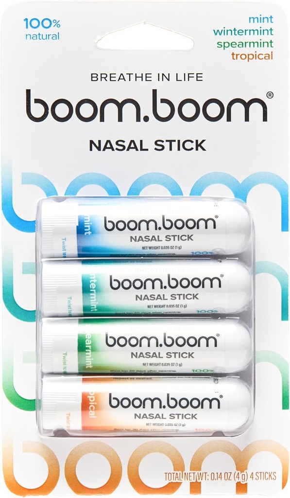 BoomBoom Nasal Stick | Vapor Flow Technology | Cool Refreshing Sensation | Natural Mood Boost | Simple Ingredients | Essential Oil + Menthol Inhaler (Mint, Wintermint, Tropical, Spearmint)