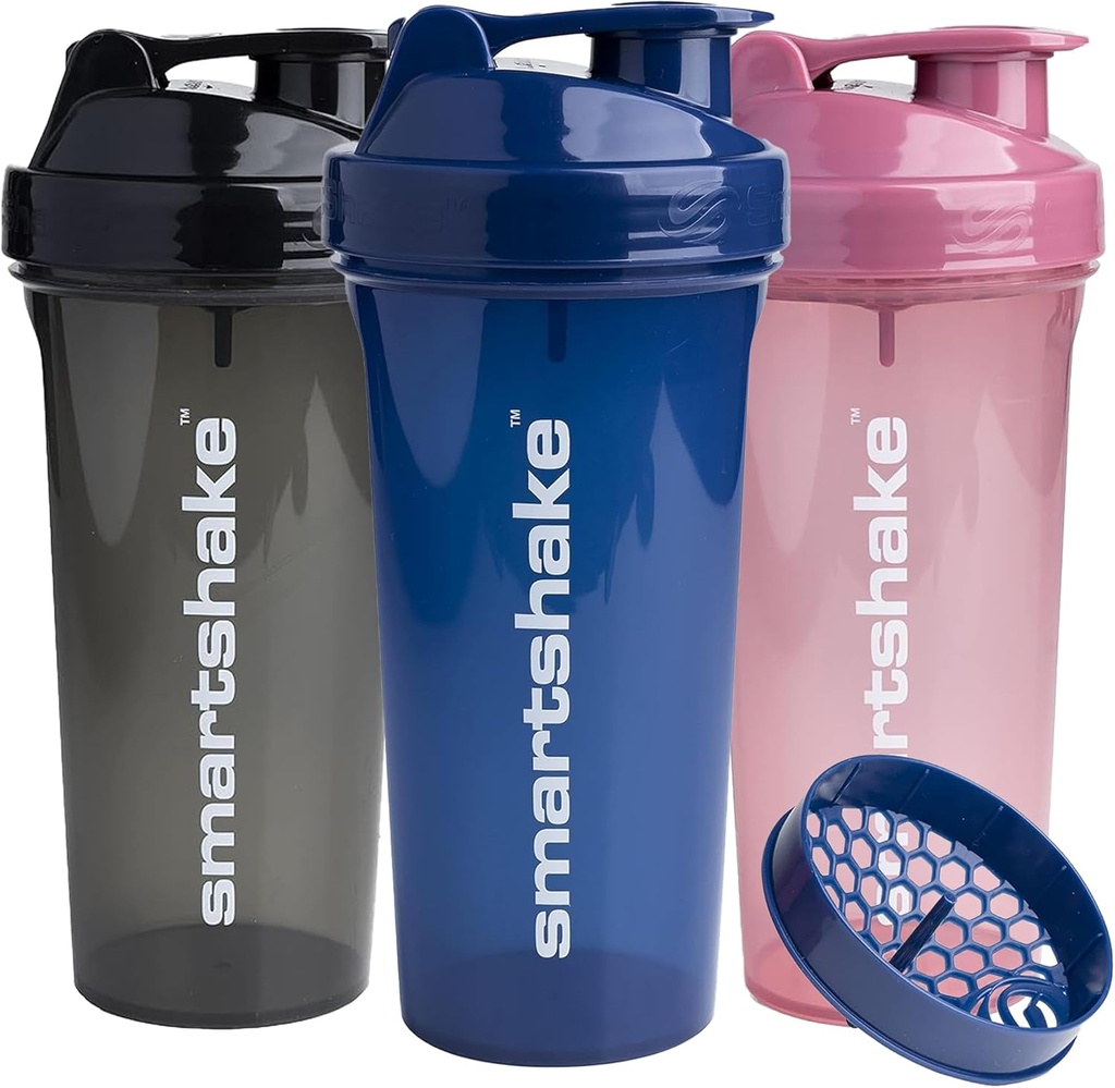 Smartshake Glossy 3Pack Lite Protein Shaker Botila 800 ml | 27 oz - Leakproof Screw-on Lid - BPA Free - Unisex - (Black, Deep Rose, Navy Blue)