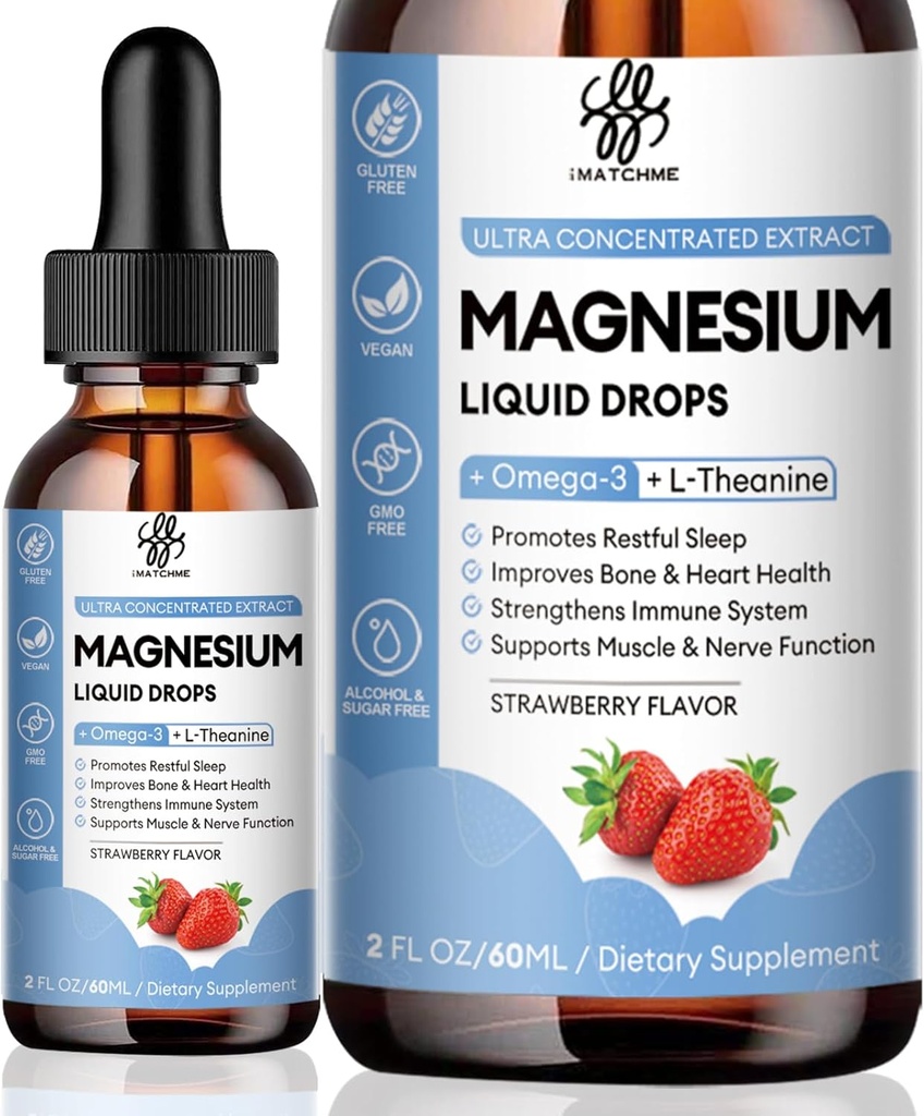 iMATCHME Magnesium Glycinate Liquid Drop med Citrate, Oxide och Taurate, Calm Magnesium med Omega3, L-Theanine, D3, B6, B12 för lugn, sömn, ben kramper, muskler, energi, sockerfri jordgubbsmak