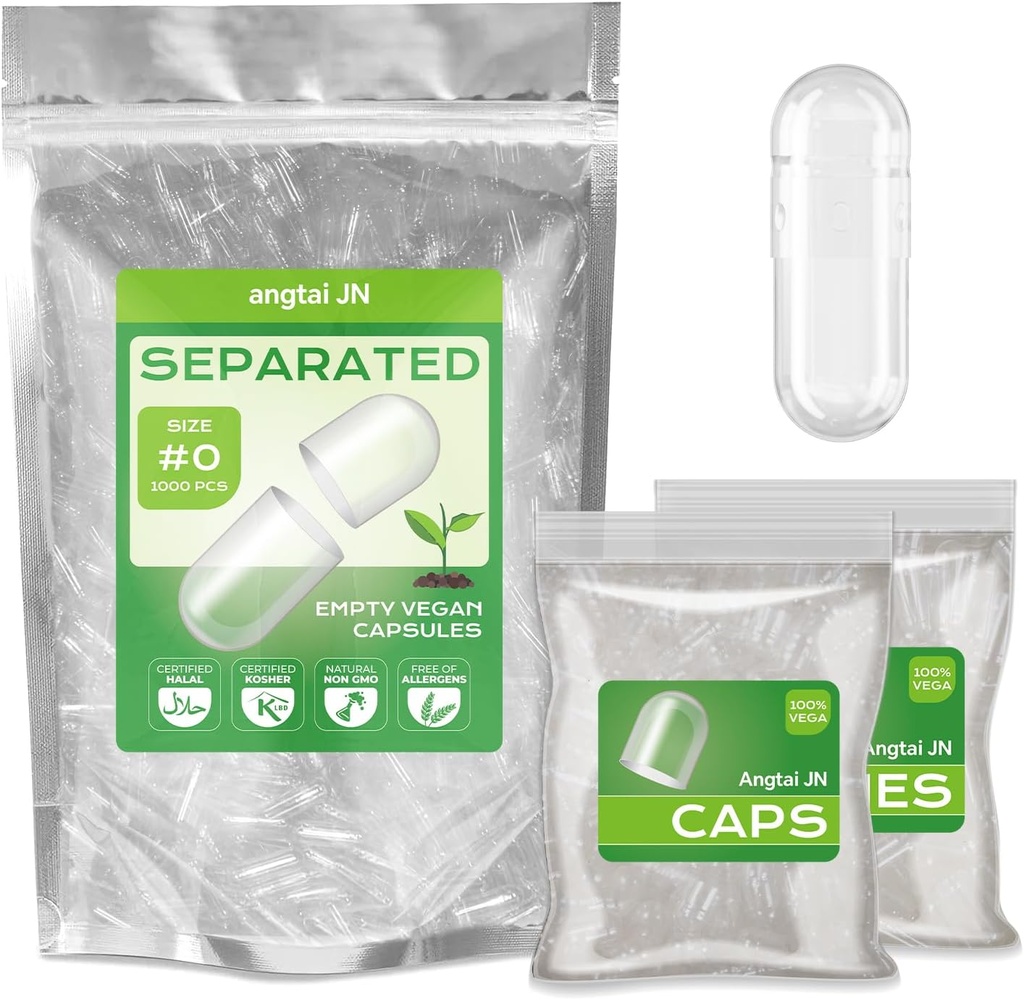 Vegan Size 0 Separated Capsules Empty Pill Caps Plant Based Clear (1,000 Caps+1,000 Bodies) Gluten Free, Non-GMO, Halal Certified Filling Kit for Vegetarian DIY Your Own Supplements
