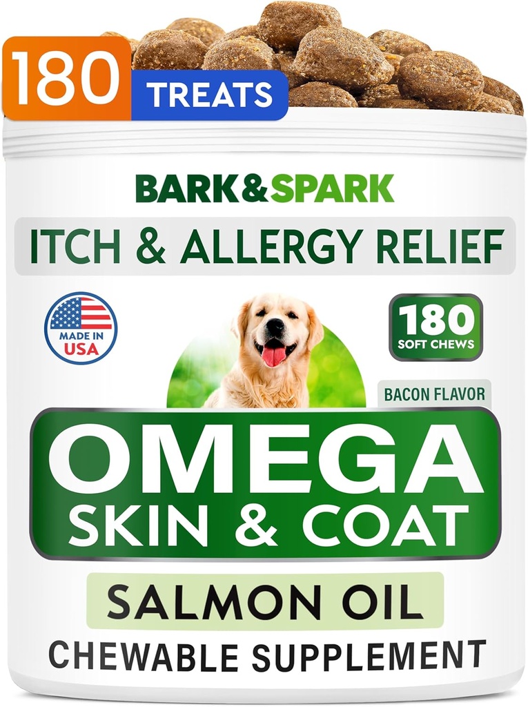 Omega 3 für Hunde und Katzen - 180 Fish Oil Treats for Dog Shedding, Skin Allergy, Itch Relief, Hot Spots Behandlung - Joint Health - Skin and Coat Supplement - EPA & DHA Fettsäuren - Lachsöl - Bacon