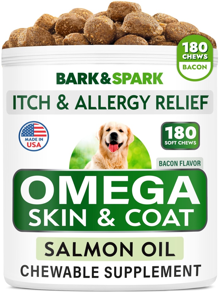 Omega 3 for Dogs - Fish Oil for Skin & Coat Health, Itch & Allergy Support | Vet-Approved - Salmon Oil Treats for Dog Shedding, Hot Spots Treatment - EPA&DHA Fatty Acids Supplement - Made in USA, 180Ct