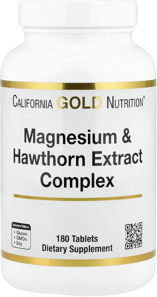 California Gold Nutrition Magnésio & Hawthorn Extract Complex com Taurine, Coleus forskohlii Extract, and Hops, 180 Tablets