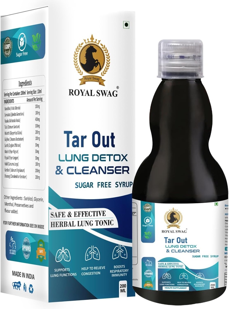 ROYAL SWAG Ayurveda Tar Out Syrup Lungs Detox Sugar Free (200 ML) Removes Tar from Lungs Due per Smoke & Air Pollution Herbal Syrub to Remove Toxins from Lung and Mucus Remover