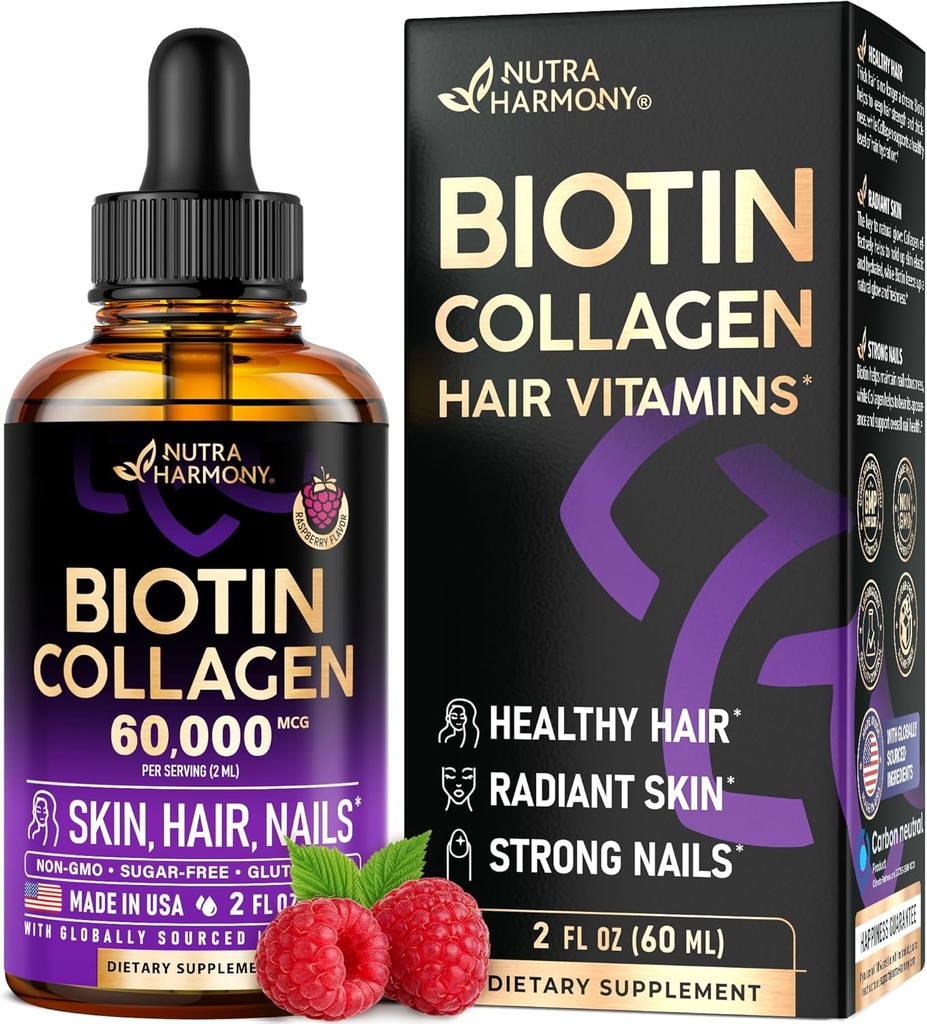 Liquid Biotin & Collagen - Vitaminy pro podporu růstu vlasů pro ženy a muže - Extra síla 60000 mcg Kapky - B7 dodatek - Silné nehty a zdravá pleť - 98% rychlejší absorpce než pilulky