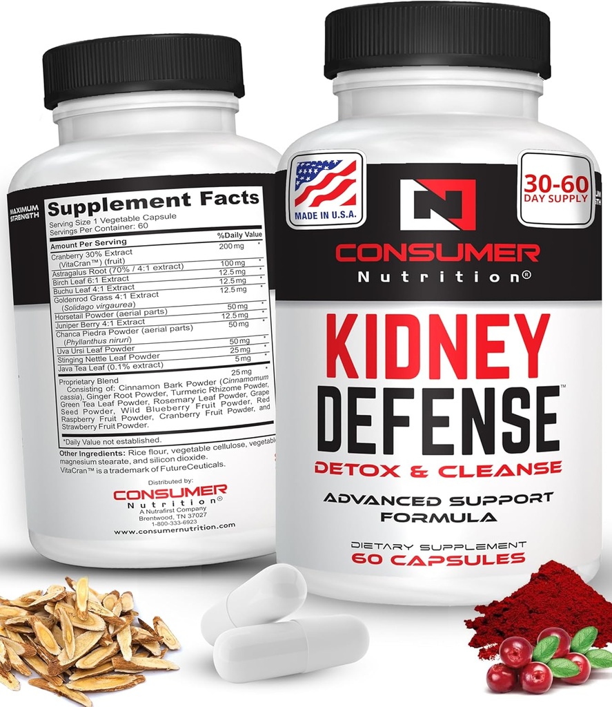 Kidney Detox & Cleanse Capsules- with Cranberry Extract, Astragalus Root, & More for Urinary Tract, Kidney Defense Supplement - 60 Capsules