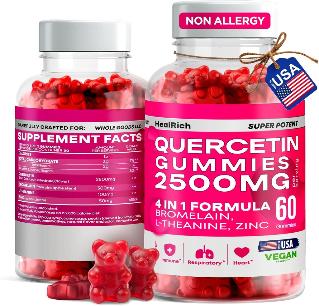 Quercetin Gummies - 2500MG Quercetin з Bromelain L-theanine & цинк - Чистий добавки для систем Immune Lung і Allergy Support - Імунність Booster Vegan добавки для дітей і дорослих - Виготовлені в США