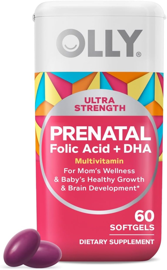 OLLY Ultra Strength Pirmsdzemdību Multivitamīnu Softgels, Atbalsta Veselīga augšana, Smadzeņu attīstība, Dzelzs, Folijskābe, DHA, Vitamīni C, E, 30 Dienas Piegāde-60 Skaits