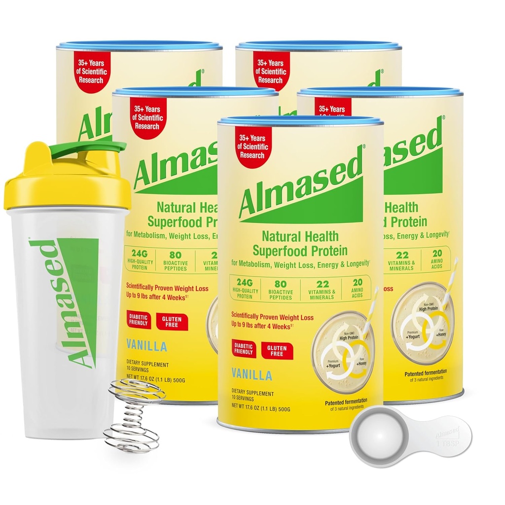 Almased . Alta Protein Shakes  . Shake de substituição de refeições . . Pó de substituição de refeições para perda de peso com garrafa Shaker (Vanilla Flavor, 5 latas de 17.6 oz + Scoop)