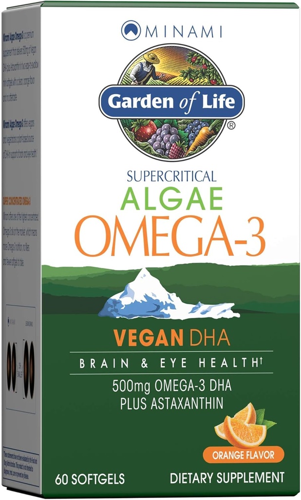 生活花园 Minami Algae Omega 3 Vegan DHA 大脑和眼部健康-Orange Flavor,500mg Plant Based DHA Omega-3 Vegan Algae Oil Plus Astaxanthin, No Afteraste, 60 易吞小软胶